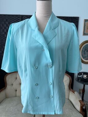 💙 Golden Gate Vintage Blouse Aqua Double Breasted Short Sleeve Size 38
